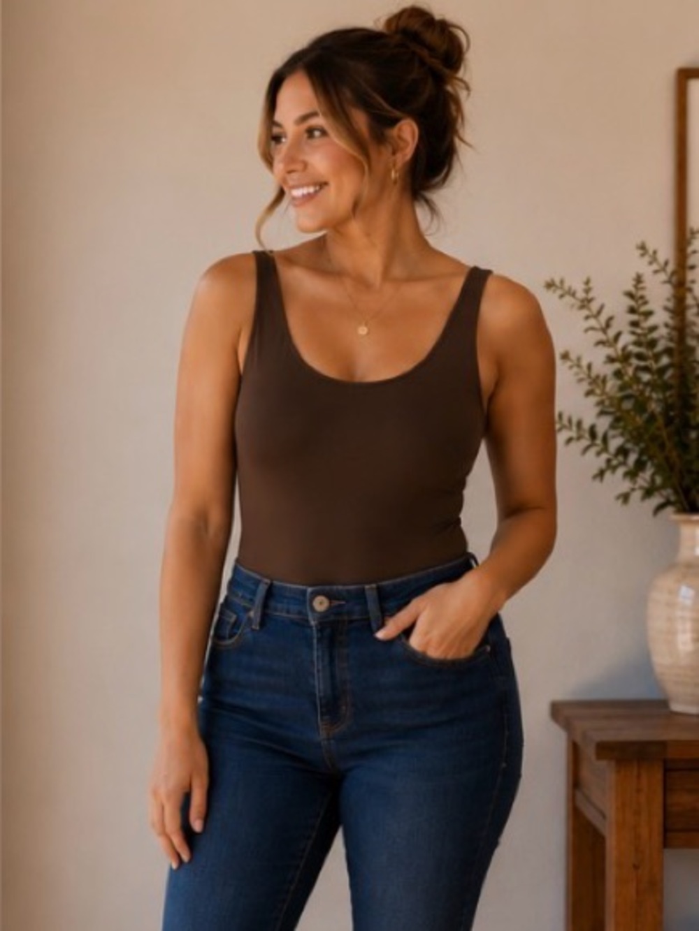 Express Brown Scoop-Neck Stretch Bodysuit